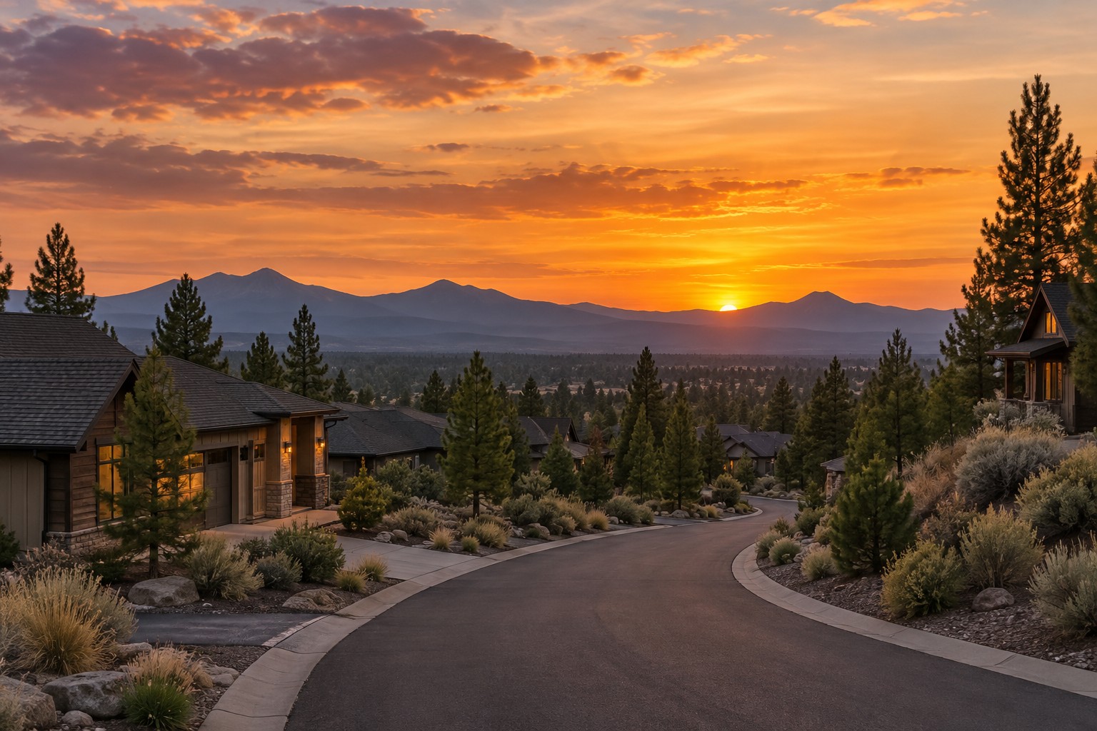 A Central Oregon street at sunset, illustrative