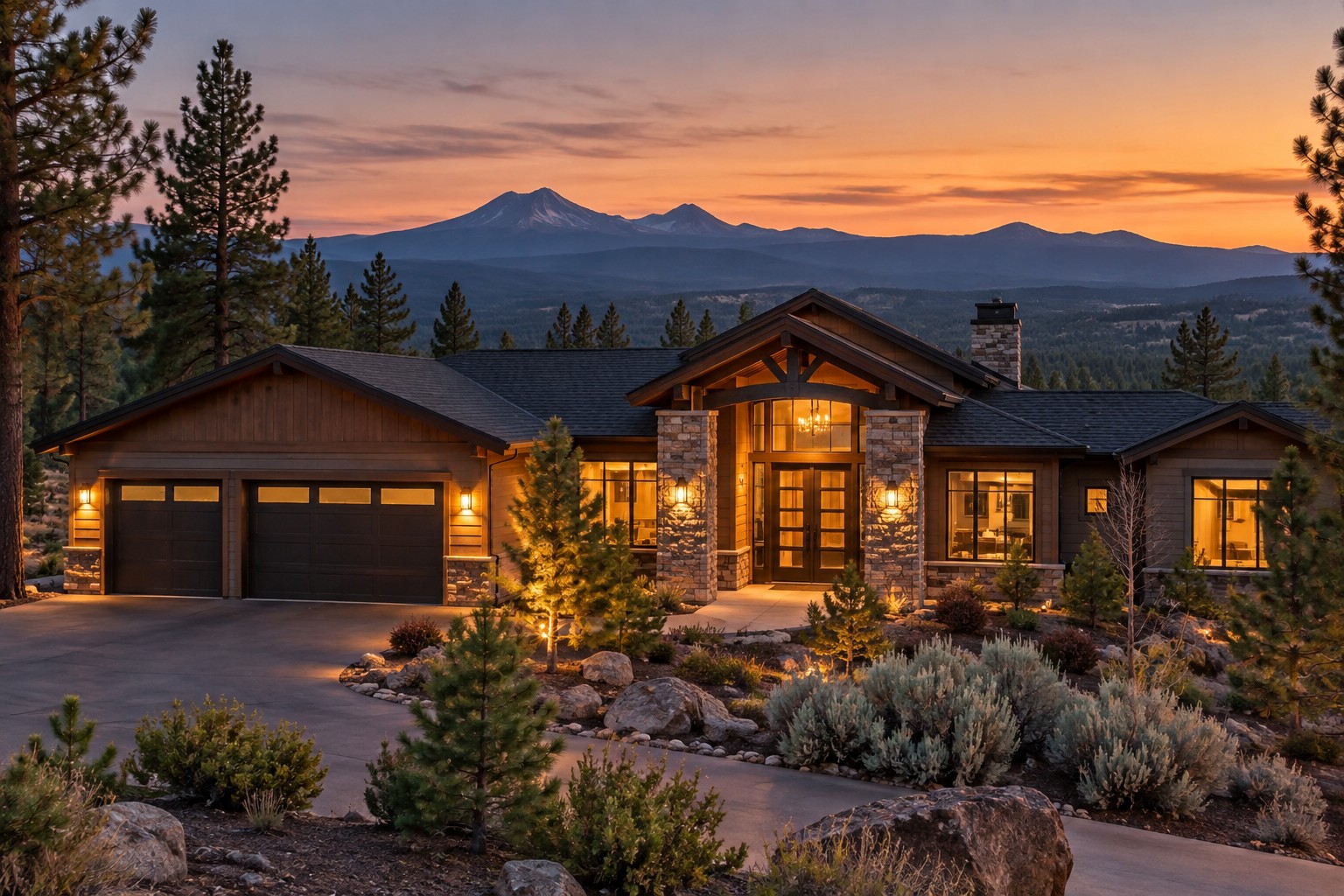 A Bend Oregon home exterior at dusk with mountain views, illustrative
