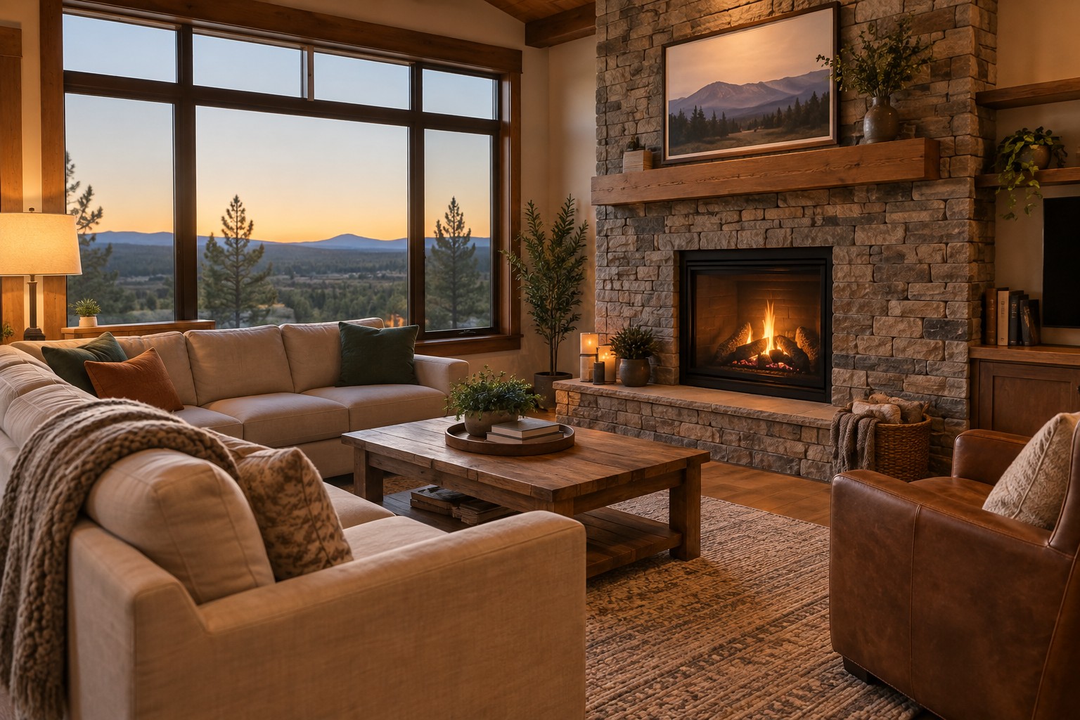 A cozy Bend Oregon living room, illustrative